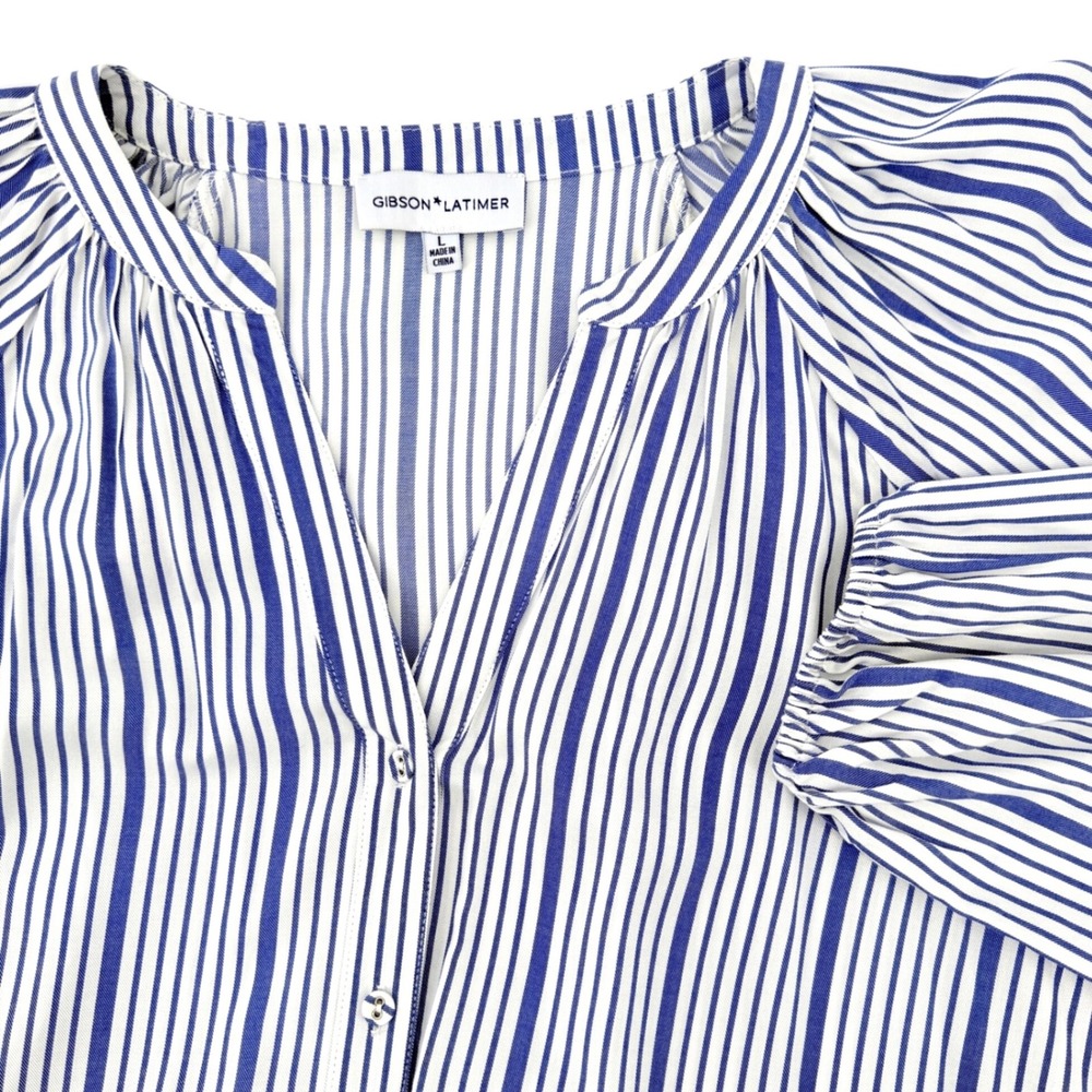 Gibson Latimer Blouse Womens Large Blue White Striped Puff Sleeve Top Excellent